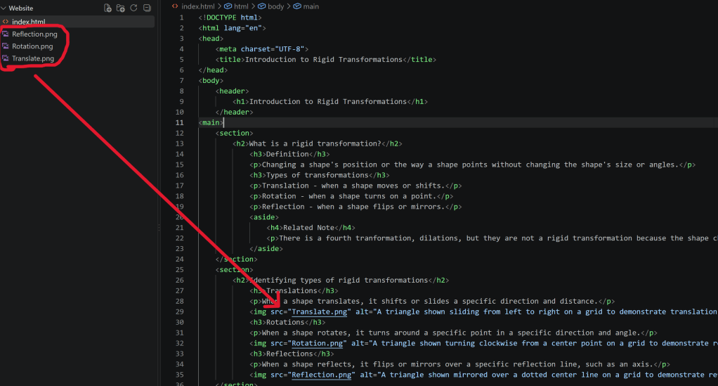 Screenshot of code for website that shows image files in the website folder on the left and where the image file names are written into the code.