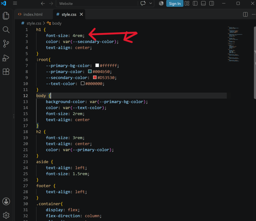 Screenshot of a CSS document with red arrows pointing to ";" after each item line. It is necessary to include ";" after each item in CSS code otherwise the item will not work.